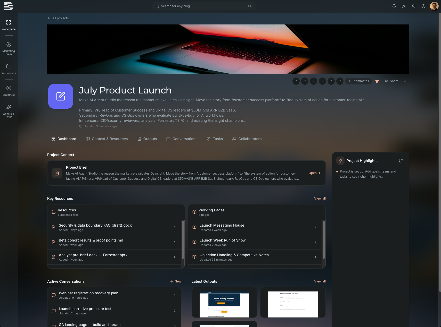 A Duet Workroom for a product launch: project brief, key resources, working pages, active conversations, and latest outputs in one view