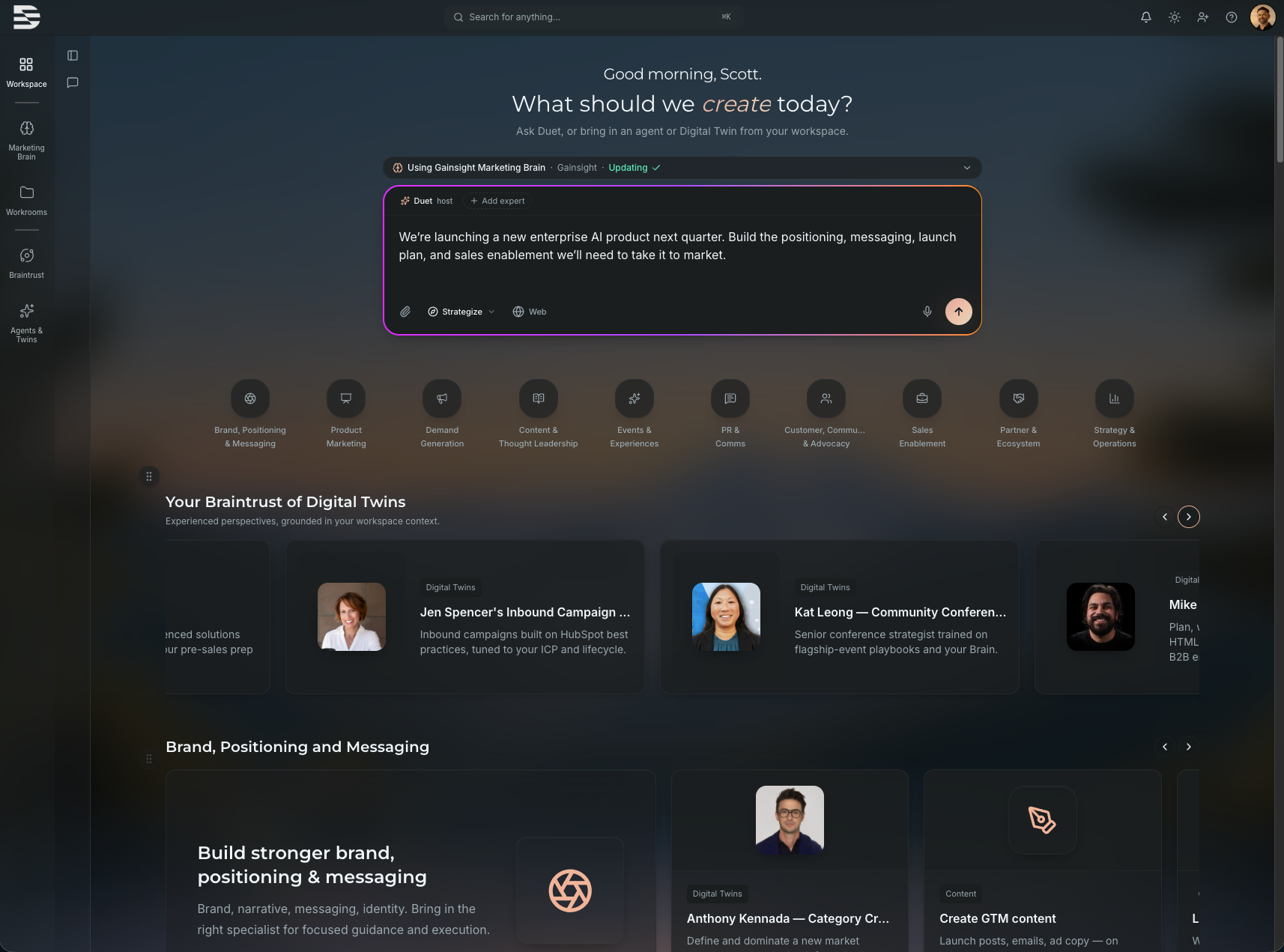 Duet workspace with specialist AI Agent categories and your Braintrust of Digital Twins