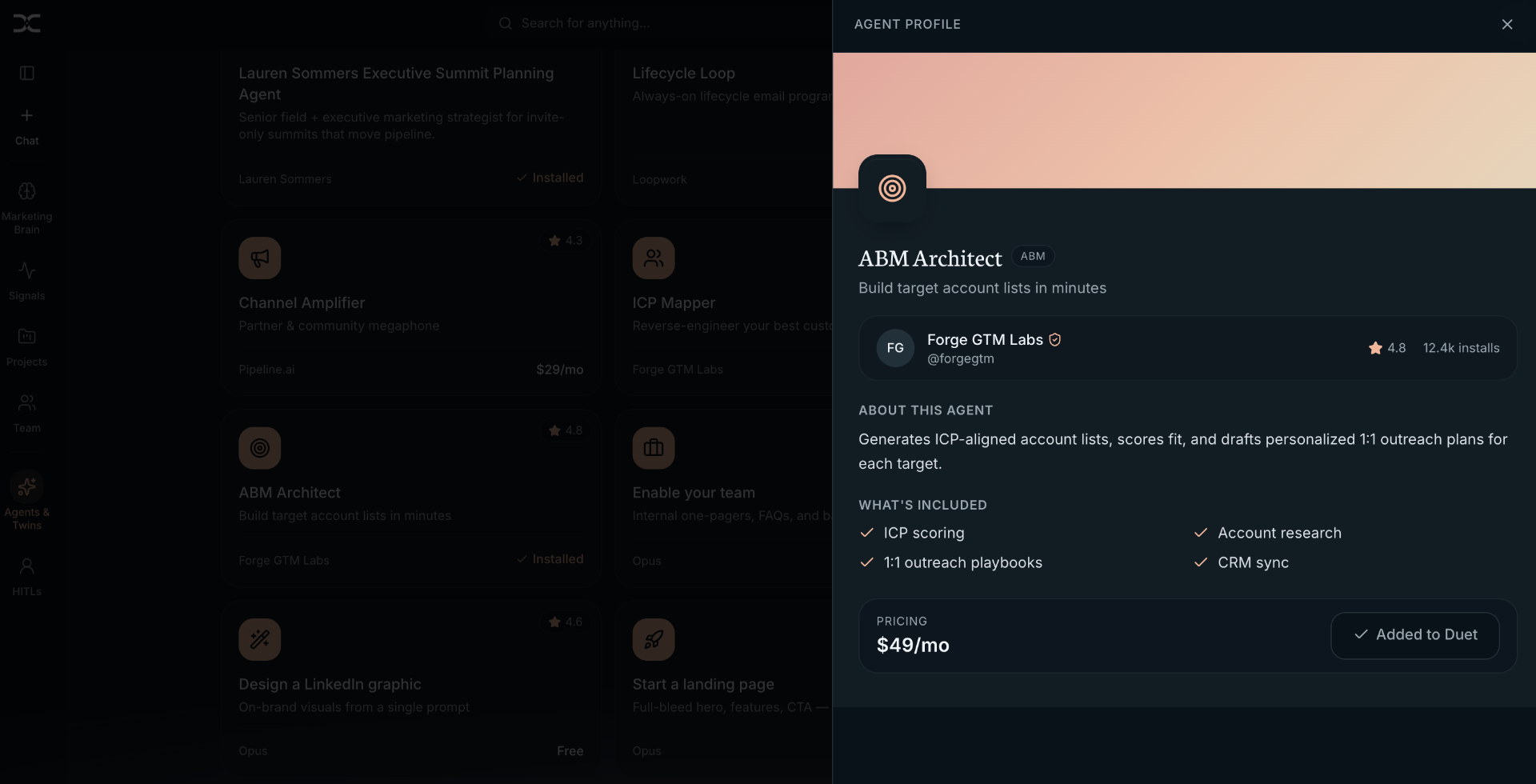 Duet Agents roster showing specialist marketing agents with status pills