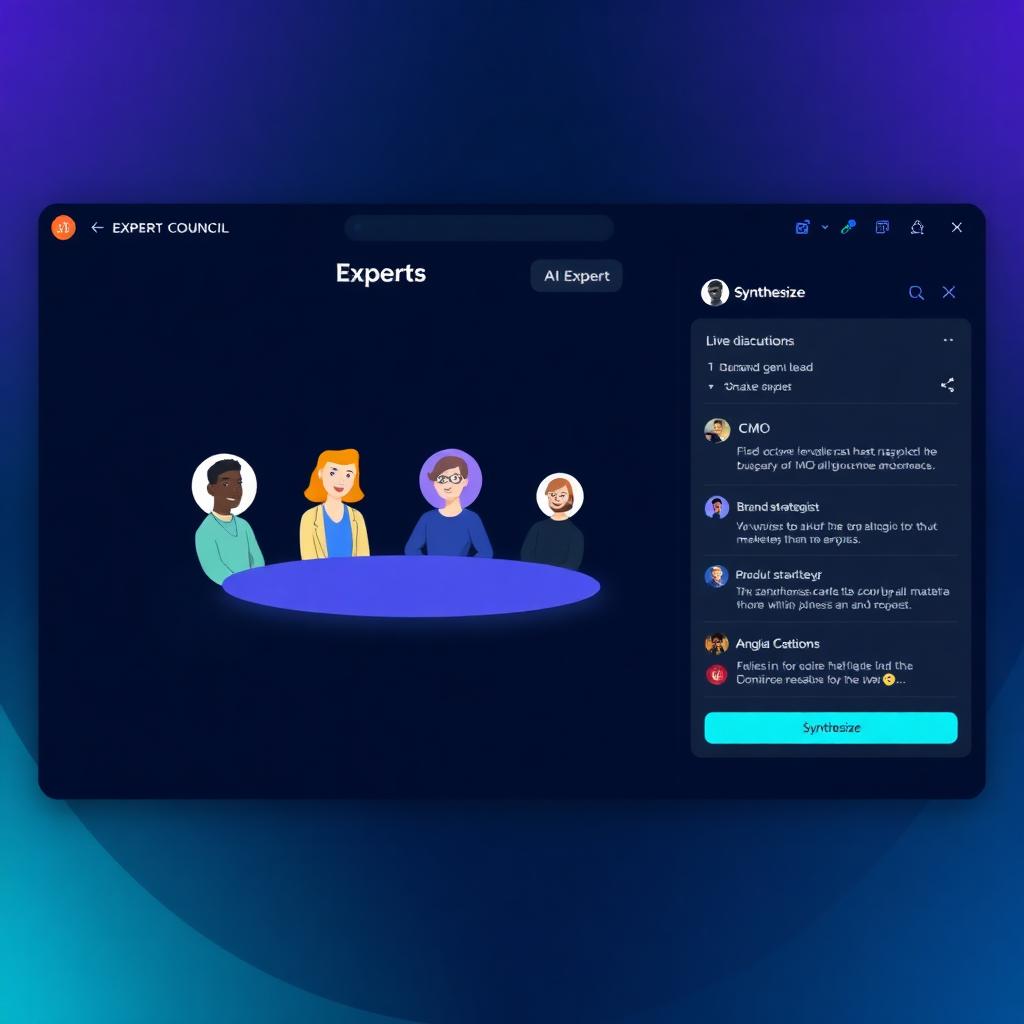 Expert Council workspace showing a panel of AI experts deliberating with a live synthesis side panel