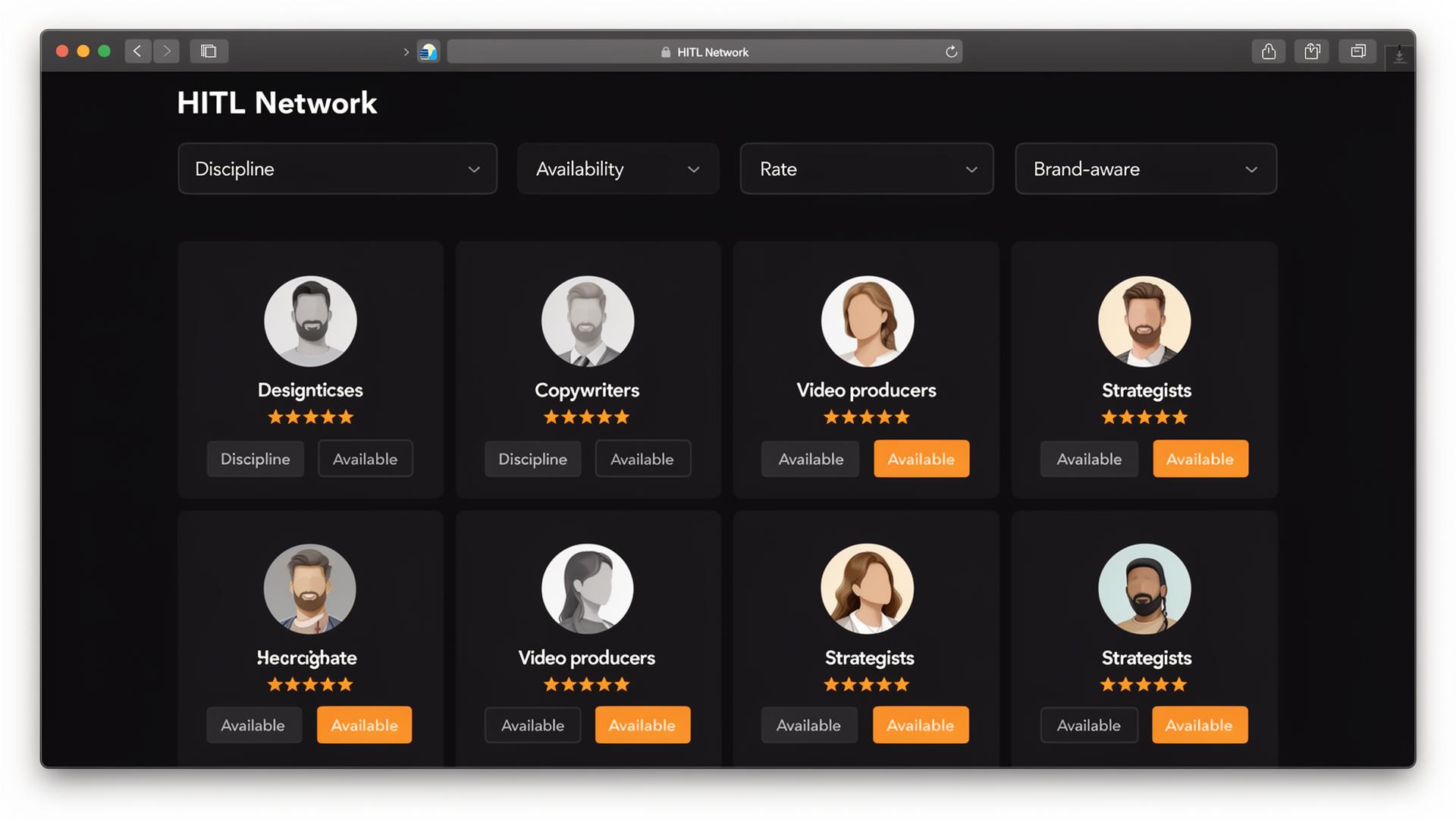 HITL Network specialist marketplace with vetted designer, copywriter, video, and strategist profiles