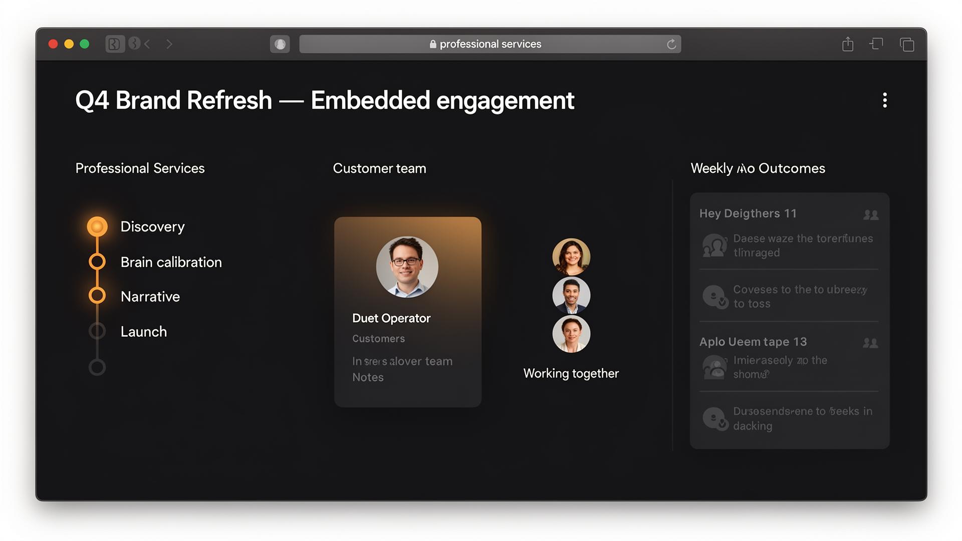 Professional Services engagement dashboard with milestones, operator profile, and weekly outcomes